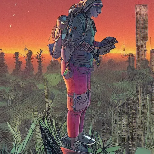 Prompt: Stunningly intricate illustration of single cyberpunk explorer overlooking lush forest, highly detailed, midnight, small glowing orbs by Moebius,