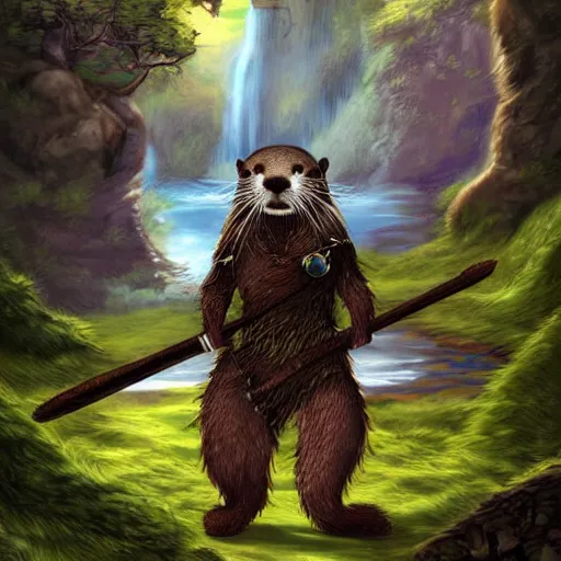 Image similar to furry otter warrior, fantasy art, lightweight armour, near the river, waterfall, digital art, high quality