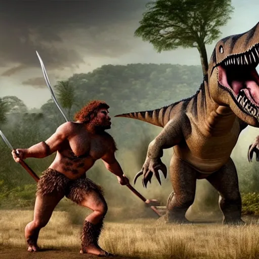 Image similar to A large dinosaur! fighting with several realistic detailed cavemen with proportioned bodies, next to the dinosaur are cavemen, the cavemen are armed with spears, the caveman are in a fighting stance, the cavemen are wearing animal furs, one caveman is stabbing the dinosaur with his spear, one caveman is cowering in fear, coarse canvas, visible brushstrokes, intricate, extremely detailed painting by William Turner (and by Greg Rutkowski)