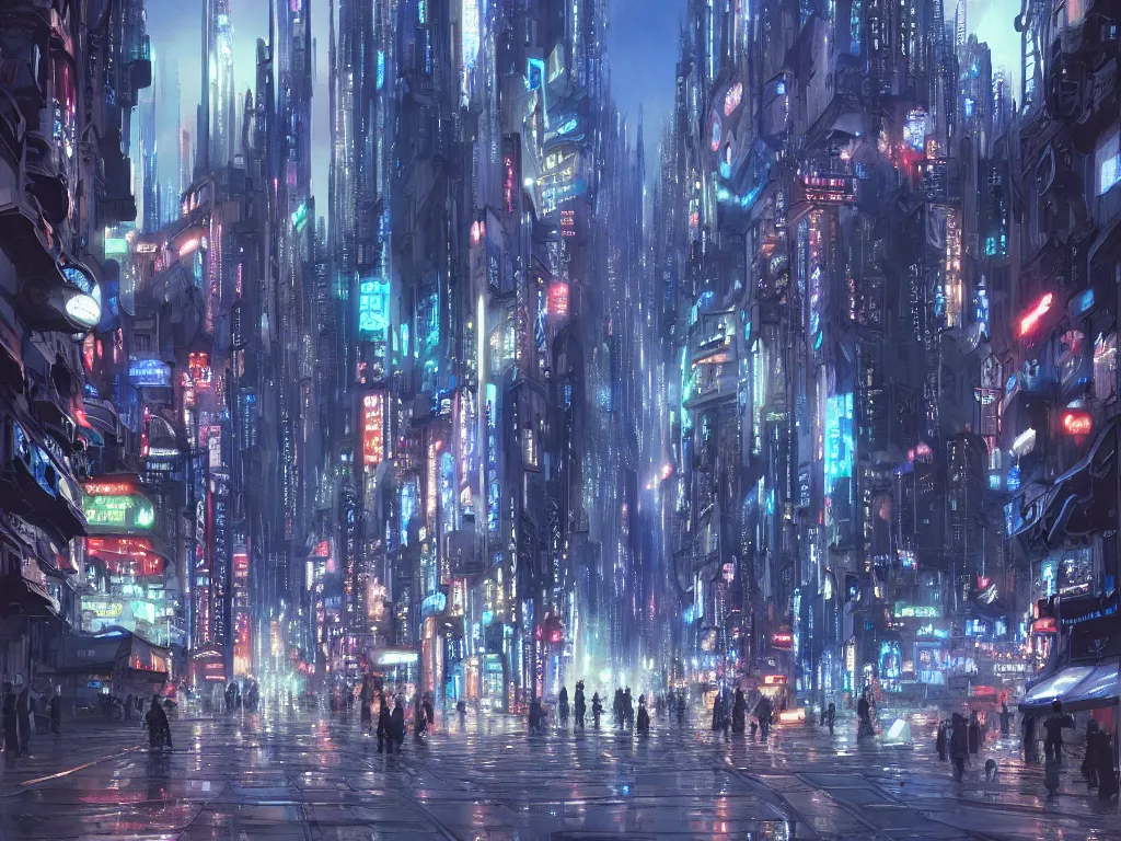 Prompt: beautiful matte painting of a busy city street with complex buildings, vivid lights, art deco, street view, futuristic, technological lights, screens, ads, fine detail, cinematic lighting, concept art, hyper focus, blue color scheme, by hugh ferris and noriyoshi ohrai and tsutomu nihei