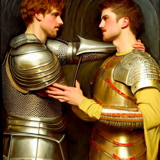 Image similar to attractive fully clothed arthur pendragon confesses his love for his attractive fully clothed male knight. highly detailed painting by gaston bussiere and j. c. leyendecker 8 k