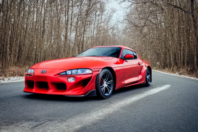 Prompt: A Toyota supra parked in a road with trees, Winter season, Epic photography, taken with a Canon DSLR camera, 50 mm, depth of field