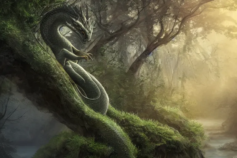Image similar to peaceful dragon in a beautiful, misty forest, leaning over a steep hill, elongating its neck to sip water from the flowing, turbulent river, trending on artstation, intricately defined, complexly detailed, robustly ordinated, 4 k quality, digital art