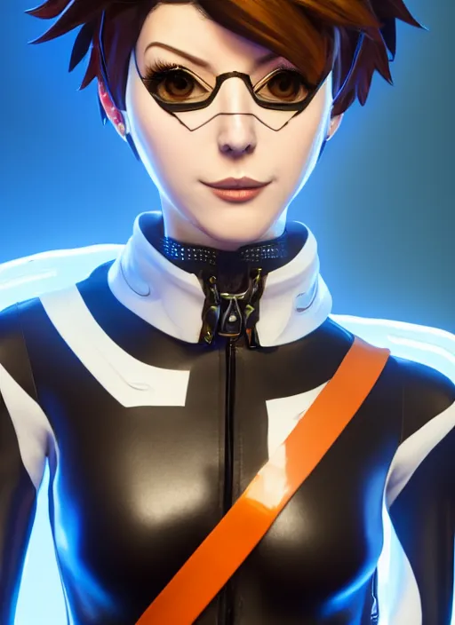 Image similar to portrait bust digital artwork of tracer overwatch, wearing white iridescent rainbow latex and leather straps catsuit outfit, 4 k, expressive happy smug expression, makeup, in style of mark arian, angel wings, wearing detailed black leather collar, chains, black leather harness, detailed face and eyes,