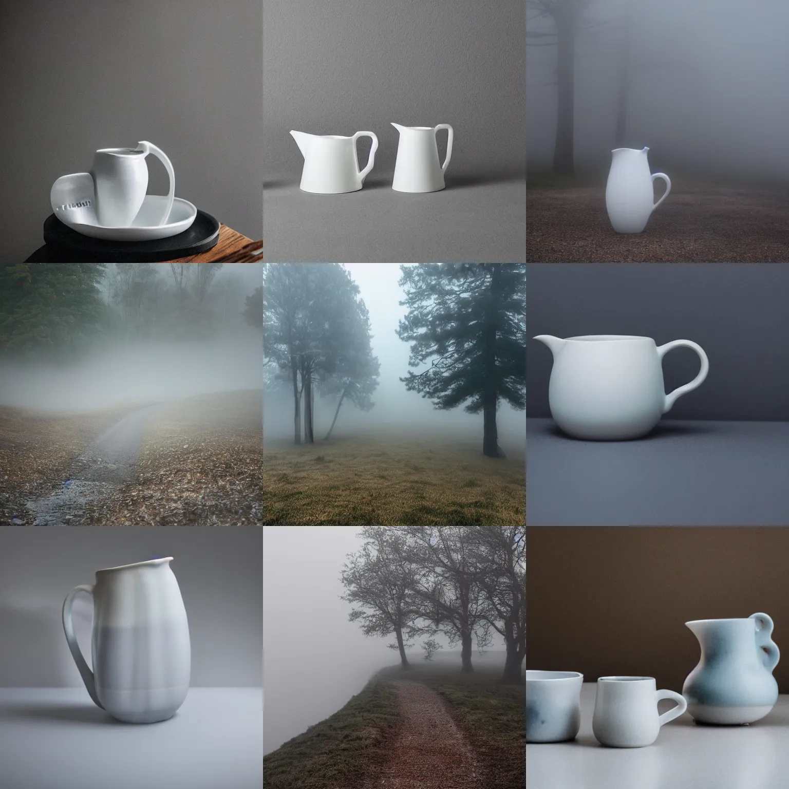 Prompt: fog that is creating an even deeper, thicker fog and also porcelain jugs