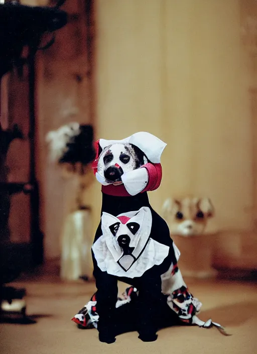 Image similar to a fashion portrait photograph of a dog in a suit wearing mask designed by jean paul gaultier, 3 5 mm, color film camera, pentax