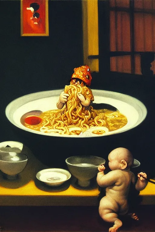 Image similar to evil human giant baby godzilla eating a huge bowl of ramen in new york city, hauntingly surreal, highly detailed painting by francis bacon, edward hopper, adrian ghenie, gerhard richter, and james jean soft light 4 k,