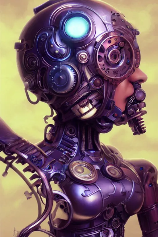 Image similar to retrofuturistic female android, steampunk, gears, detailed mechanical parts, painting by artgerm beeple julie bell