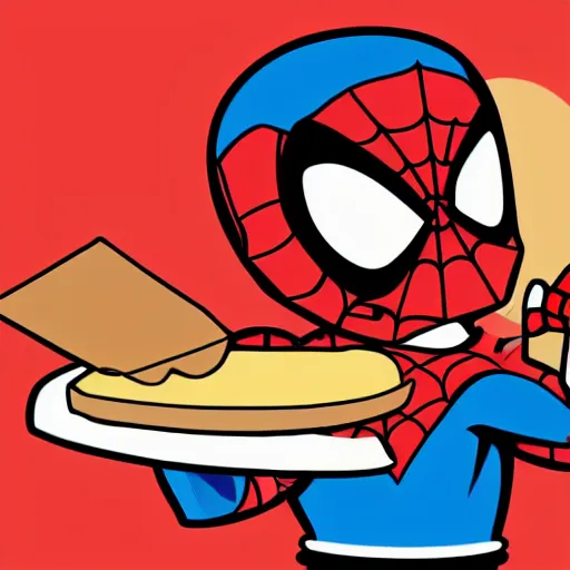 Image similar to a cartoony cute chibi spiderman eating pizza