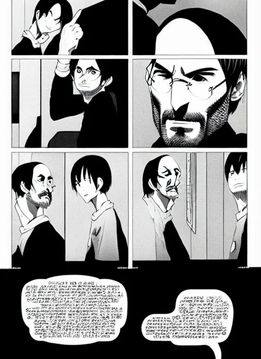 Image similar to steve jobs manga, final page, by katsuhiro otomo and hiroya oku and makoto yukimura