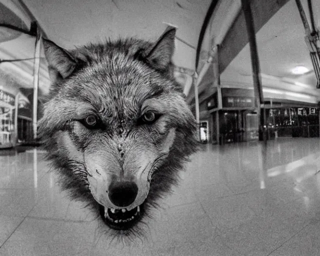 Image similar to Close up camera footage of a extremely aggressive Feral Mutated Wolf with severe late stage rabies in an abandoned shopping mall, Wolf Snarling Directly toward camera, Terrifying :7 , high exposure, dark, monochrome, camera, grainy, CCTV, security camera footage, timestamp, zoomed in, Feral, fish-eye lens, Rabid, Radiation Mutated Wolf, Nightmare Fuel, Wolf, Evil, Bite, Motion Blur, horrifying, lunging at camera :4 bloody dead body, blood on floors, windows and walls :5