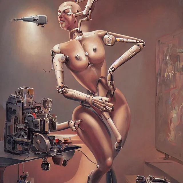 Image similar to robot artist painting a self - portrait on a canvas. intricate, detailed, digital matte painting in the style of gil elvgren and in the style of wayne barlowe. irony, recursion, inspiration.