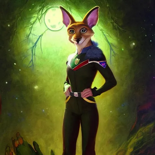 Image similar to a portrait of a female alien in starfleet uniform at night in a dark forest. zootopia fursona furaffinity furry art detailed face painting by gaston bussiere craig mullins jc leyendecker gustav klimt artgerm greg rutkowski furry