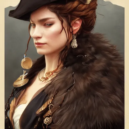 Image similar to portrait, cat person, black fur, pirate, doctor, pirate clothes, d & d, fantasy, intricate, elegant, highly detailed, digital painting, artstation, concept art, matte, sharp focus, illustration, art by artgerm and greg rutkowski and alphonse mucha