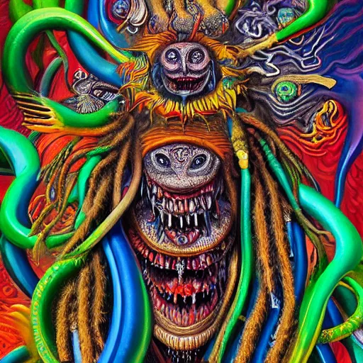 Image similar to a high detailed hyper detailed painting of a spiritual monster with dreadlocks and several eyes, pointy teeth and colorful skin with scales and strange textures, surreal psychedelic cosmic horror - 7 6 8