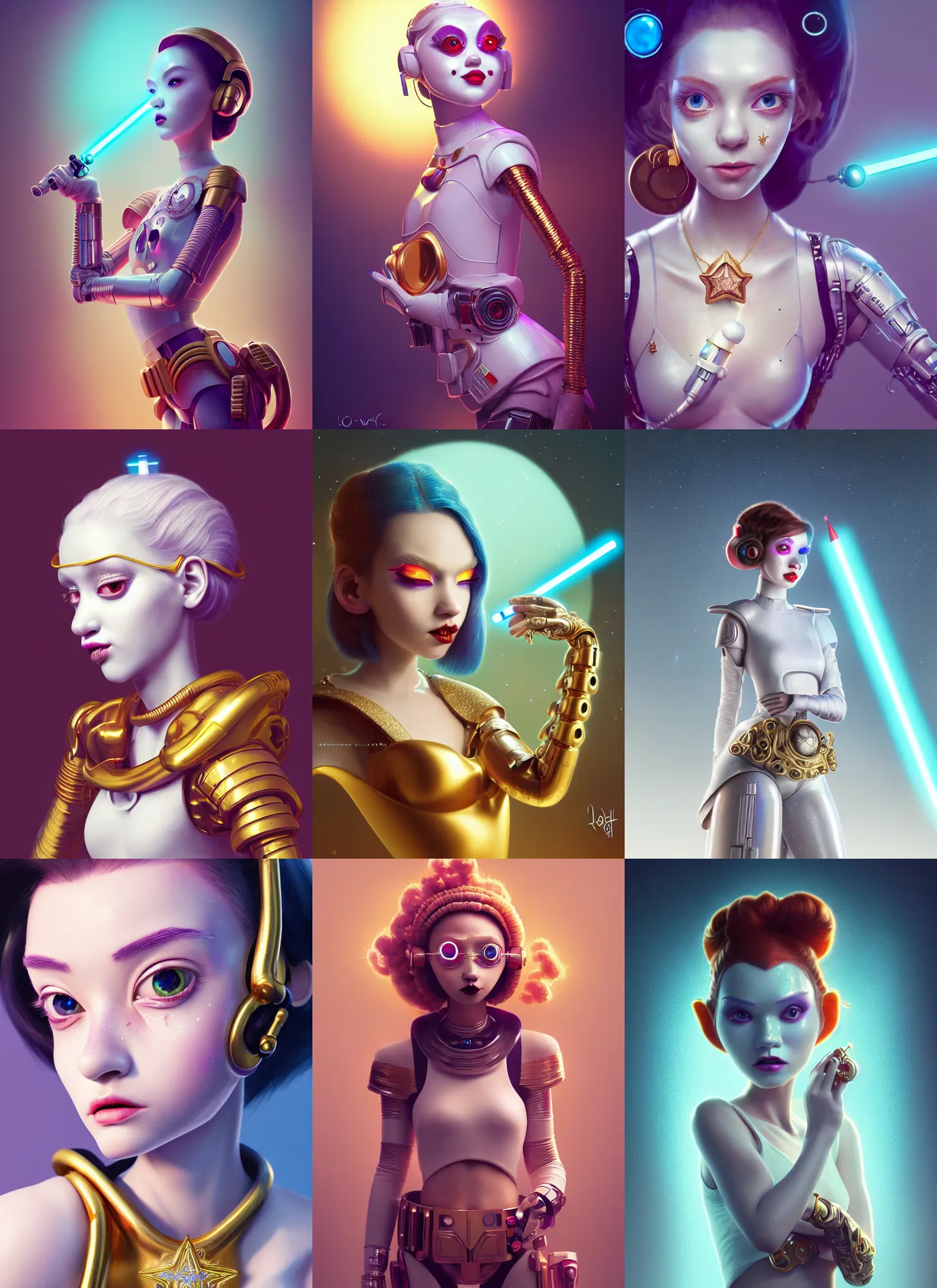 Prompt: pixar 8 k photo, beautiful shiny white porcelain rich grand pearlescent princess edc star wars clowncore cyborg college girl, rapper jewelry, golden ratio, sci fi, fantasy, cyberpunk, intricate, decadent, highly detailed, digital painting, octane render, artstation, concept art, smooth, sharp focus, illustration, art by loish, wlop