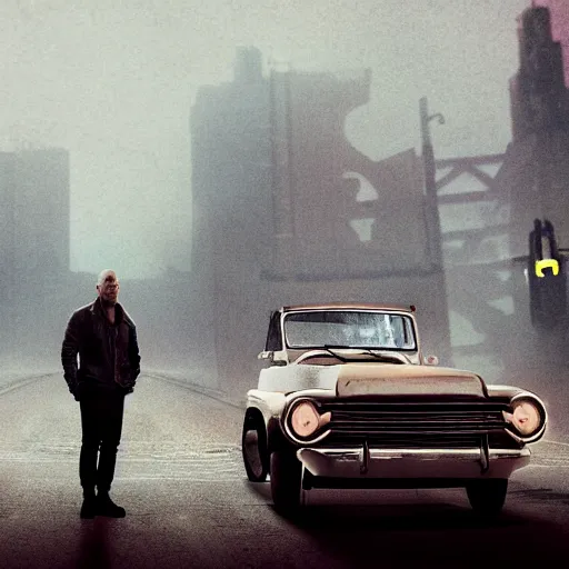 Prompt: very closeup photo of vin diesel standing near ford model t, fog, volumetric lighting, bokeh, ultra realistic, highly detailed, city, cinematic, art by jan urschel and neil blevins