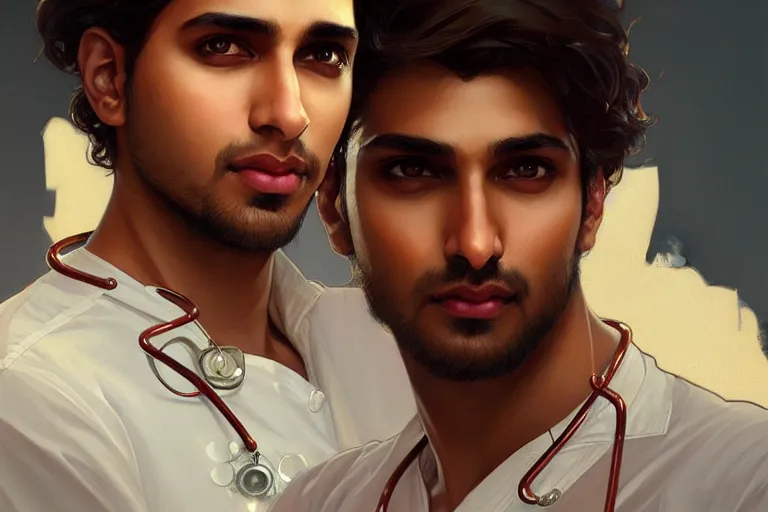 Prompt: Anxious good looking pale young Indian doctors talking, portrait, elegant, intricate, digital painting, artstation, concept art, smooth, sharp focus, illustration, art by artgerm and greg rutkowski and alphonse mucha