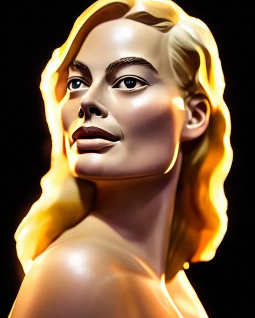 Image similar to a beautiful lively sculpture of margot robbie made from honey, backlit, refraction, warm lighting masterpiece