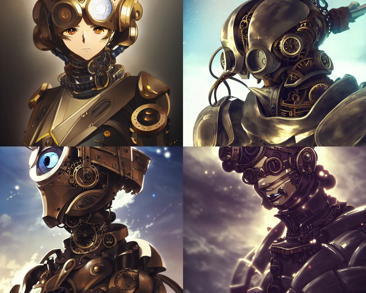 Prompt: key anime visual portrait of steampunk mech armor, dynamic pose, dynamic perspective, cinematic, dramatic lighting, muted colors, fine detail, textured