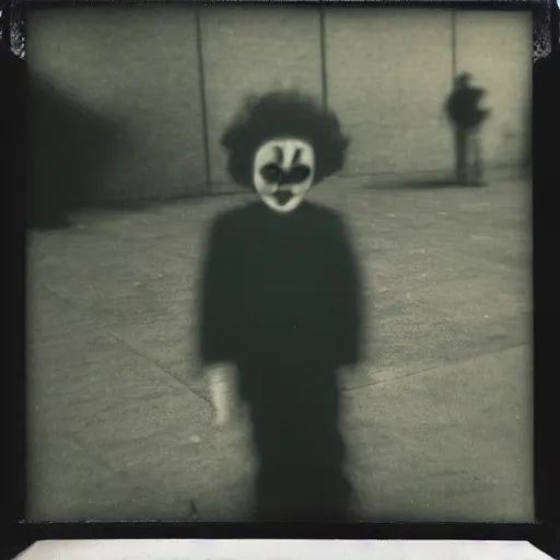 Prompt: dark Polaroid of creepy clown standing near playground