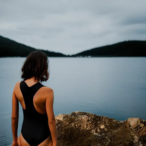 Prompt: a woman posing, in a lake, wearing a one piece swimsuit, backlit, photo by Marat Safin, Canon EOS R3, f/1.4, ISO 200, 1/160s, 8K, RAW, unedited, symmetrical balance, in-frame