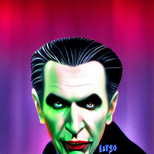 Image similar to portrait of bela lugosi as dracula, highly detailed, synthwave, outrun, max headroom, 80s background, realistic digital art,