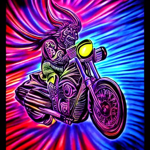 Image similar to psychedelic blacklight airbrush artwork of a stylized orc on a motorcycle, black background