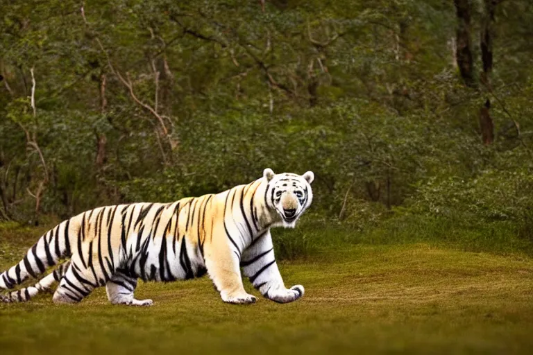 Image similar to a tiger polar bear!!! hybrid! hyper realistic!! realistic lighting!! wildlife photographer of the year!!! bold natural colors, national geographic, hd, wide angle, 8 k