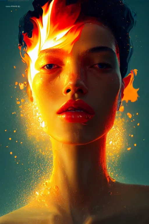 Prompt: 3 d, fashion model, flame, liquid water, morning, sun rays, vogue cover style, poster art, high detail, intricate oil painting, multiple exposure, hell mood, cinematic, hyperrealism, by tooth wu and wlop and beeple and greg rutkowski