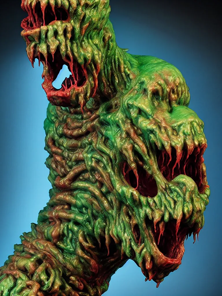 Image similar to hyperrealistic subsurface scattering rendering, fat smooth wet cronenberg flesh monster kaiju with smooth skull and ribcages kaiju by art of skinner and richard corben and jeff easley, product photography, action figure, sofubi, studio lighting, colored gels