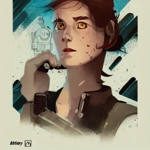 Image similar to Highly detailed portrait of a dieselpunk young lady with, freckles and wavy hair by Atey Ghailan, by Loish, by Bryan Lee O'Malley, by Cliff Chiang, by Greg Rutkowski, inspired by image comics, inspired by graphic novel cover art, inspired by nier!! Gradient color scheme ((grafitti tag brick wall background)), trending on artstation