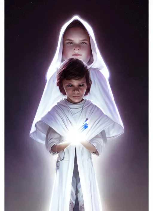 Image similar to perfectly - centered - portrait of a kid wearing white cloak holding light saber, intricate, highly detailed, digital painting, artstation, concept art, smooth, sharp focus, illustration, unreal engine 5, 8 k, art by artgerm and greg rutkowski and alphonse mucha