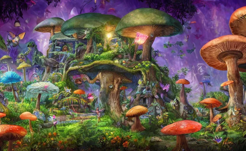 Prompt: a whimsical painting of treehouse village with fairies and butterflies with iridescent wings in a jurassic garden world with dinosaurs. giant mushrooms. night time. bioluminescent glow. dark atmosphere. high contrast. pulp - science fiction art. fantasy art. highly detailed. 4 k. trending on artstation