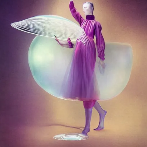 Image similar to a luminous jelly fish armor. soft. fragile. by ray caesar. by louise dahl - wolfe. by andrea kowch. surreal photography