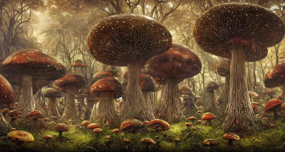 Prompt: A tribal village in a forest of giant mushrooms, by Karol Bak