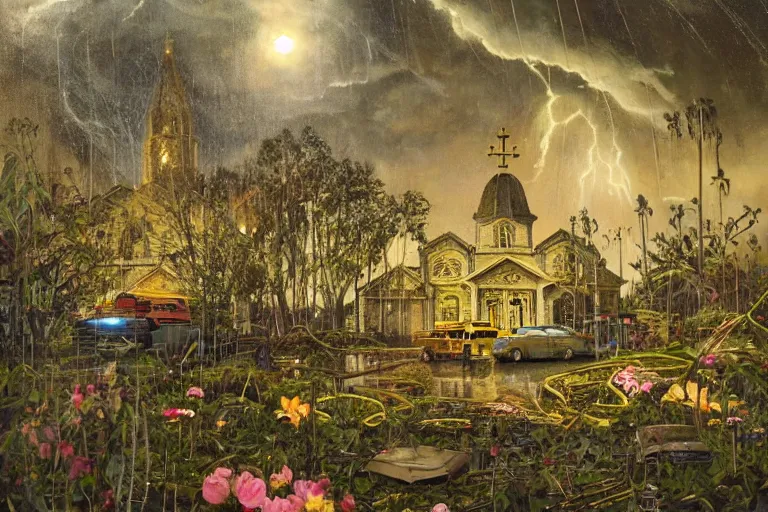 Image similar to hyperrealism, scene from church, thunderstorm, starship, junkyard, louisiana swamps, orange blooming flowers garden, 8 k, 8 0 s japanese sci - fi books art