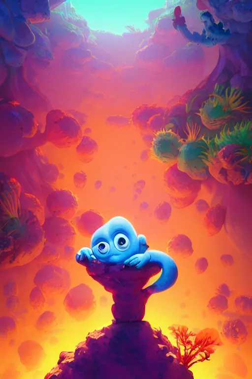 Image similar to smurf ghost creature animal sushi cristal very big eye roots cactus elemental flush of force nature micro world fluo fishscale, behance hd by jesper ejsing, by rhads, makoto shinkai and lois van baarle, ilya kuvshinov, rossdraws radiating a glowing aura global illumination ray tracing hdr