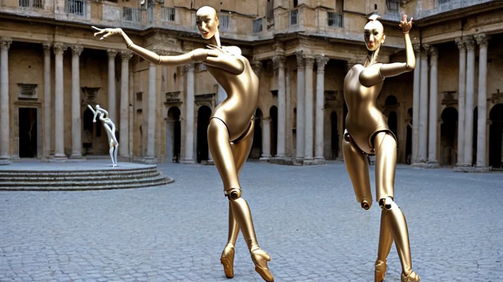 Prompt: a hajime sorayama sculpture of a svelte robotic ballerina on display in a roman courtyard.