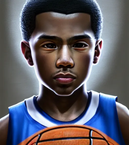 Image similar to portrait of a boy at a basketball court playing basketball wearing a basketball jersey in a basketball court standing near the basketball hoop, intense emotion, detailed facial expression, detailed surroundings, intricate, elegant, highly detailed, centered, digital painting, artstation, concept art, smooth, sharp focus, illustration, by (Steven Spielberg), WLOP