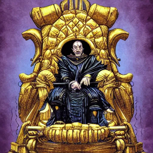 Image similar to illustration. the emperor on his golden throne. 4 0 k. body horror.