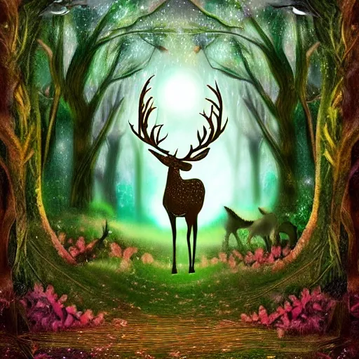 Prompt: A mystic deer with majestic antlers in an enchanted forest. Moonlight. Fireflies. Celtic fantasy style. Digital art.