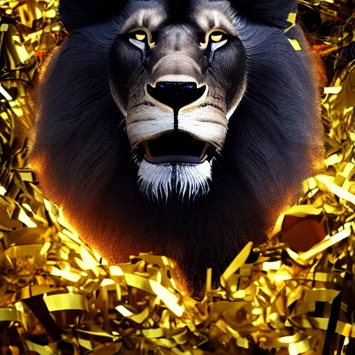 Prompt: black lion's god looking at you with fur made from gold lightnings surrounded by epic ancient huge forest and mountains in the background a lot of birthday confetti and ballons and colrful ribbons in front of lion big number 6, colossal scale, cinematic shot, vibrant colors, photorealism, epic, octane render by evgeniy antonenkov and james jean