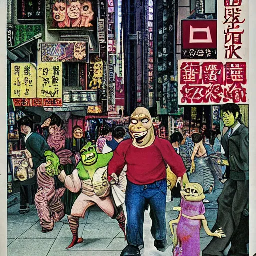 Image similar to glossy old advertising poster, shrek walking through crowded hong kong street, vendors, zombies, horror, drawn comic by junji ito, pastels, gradient