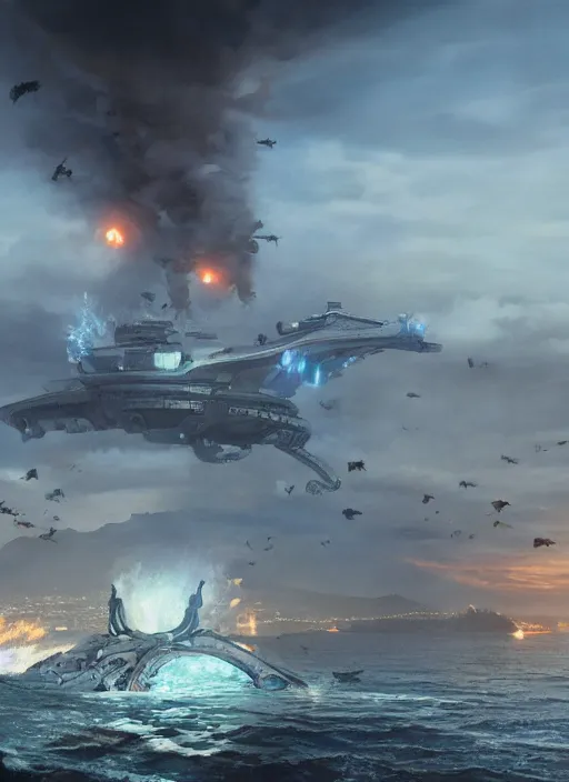 Image similar to hyper realistic squid shaped robot attacking cape town city, table mountain explosions, atmospheric beautiful details, strong composition drawn in ink by kim jung giu weta studio rutkowski, james gurney and greg rutkowski, and lucasfilm