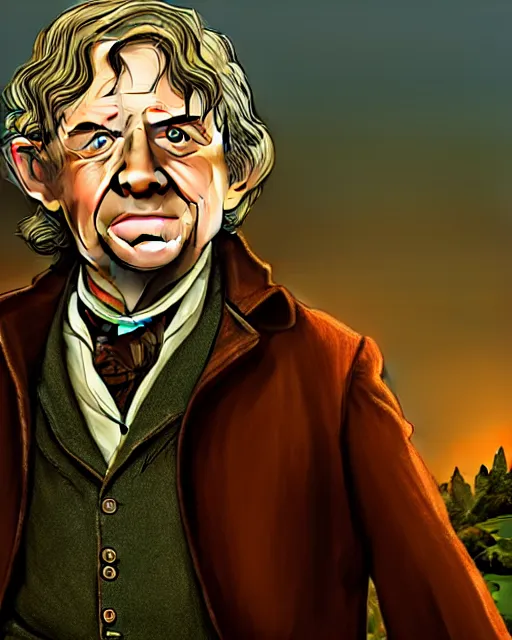 Image similar to Bilbo Baggins from Lord of the rings in GTA V loading screen, GTA V Cover art by Stephen Bliss, boxart, loading screen,