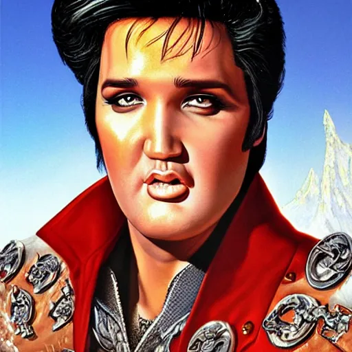 Prompt: Elvis in middle Earth by Joe Jusko