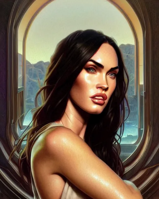 Image similar to portrait of megan fox with sultry face expression, intricate, headshot, highly detailed, digital painting, artstation, concept art, sharp focus, cinematic lighting, illustration, art by artgerm and greg rutkowski, alphonse mucha, cgsociety