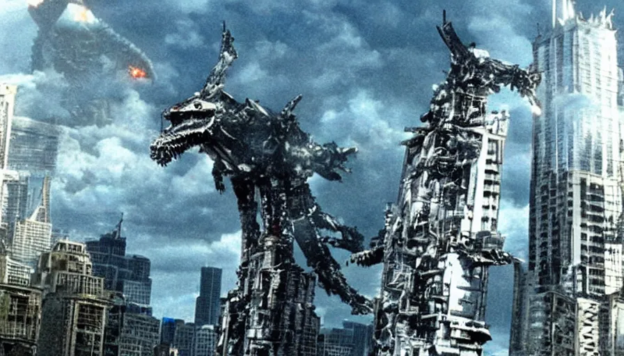 Prompt: big budget science fiction movie scene of mechagodzilla destroying a skyscraper.