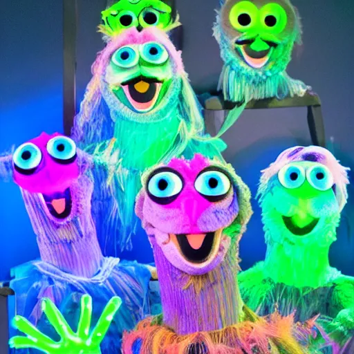 Image similar to a cat of bioluminescent aquatic themed puppets aimed to bring awareness to ocean pollution, in the style of muppets, black light, lighting from spongebob the musical on broadway, neon, real, photograph, cinematic